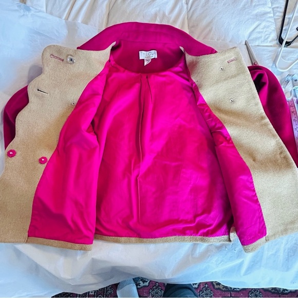 THE CUE by Cher Qu Color Block Pea Coat Size XS 100% Cashmere Wool Magenta Tan - Picture 10 of 12
